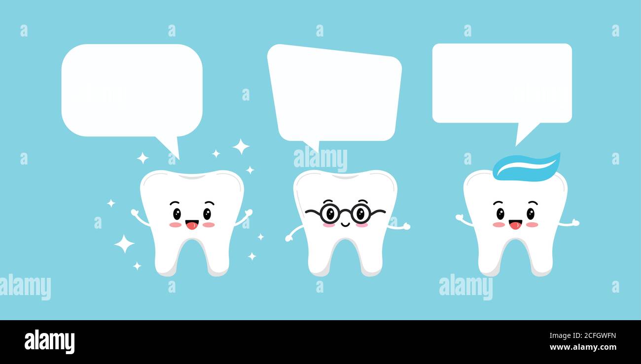Happy tooth icon set with speach bubbles isolated on blue background