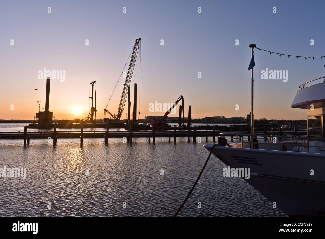 Warnemünde Harbor While Sunrise, Rostock, Baltic Sea, Mecklenburg Western Pomerania, Germany, Europe Stock Photo