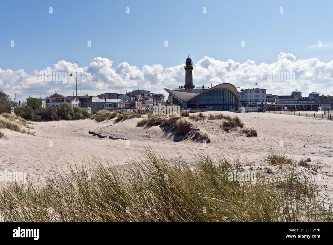 Lighthouse and teapot of Warnemünde, Rostock, Baltic Sea, Mecklenburg Western Pomerania, Germany, Europe Stock Photo