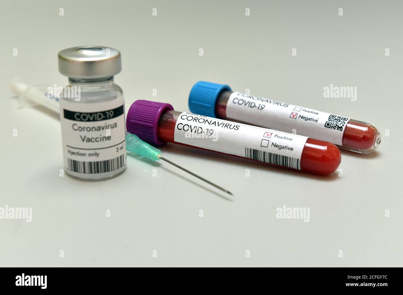 Coronavirus test blood sample positive result on white background. Coronavirus vaccine. Stock Photo