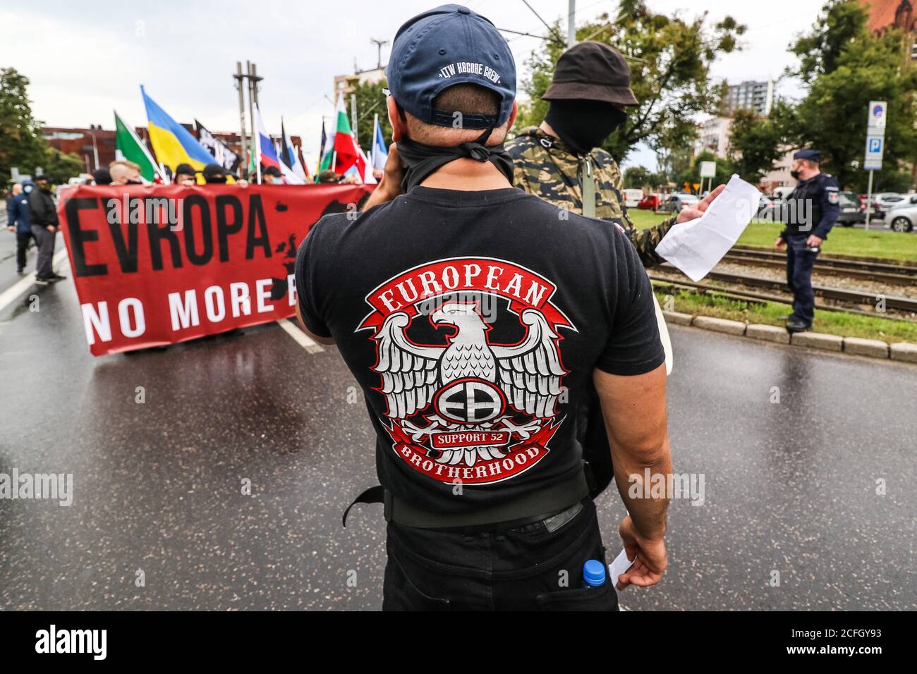 Gdansk, Poland. 5th Sep, 2020. The 'No more brother war' march participant  wearing the European Brotherhood support 52 t-shirt is seen in Gdansk,  Poland, on 5 September 2020 The march of the