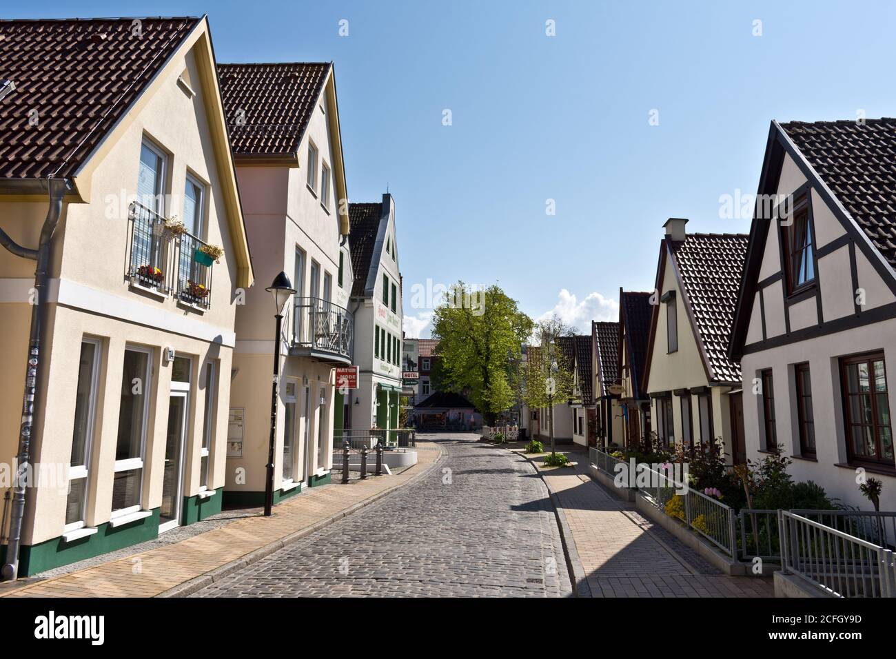 Empty Street with House Facades at Warnemünde, Rostock, Baltic Sea, Mecklenburg Western Pomerania, Germany, Europe Stock Photo