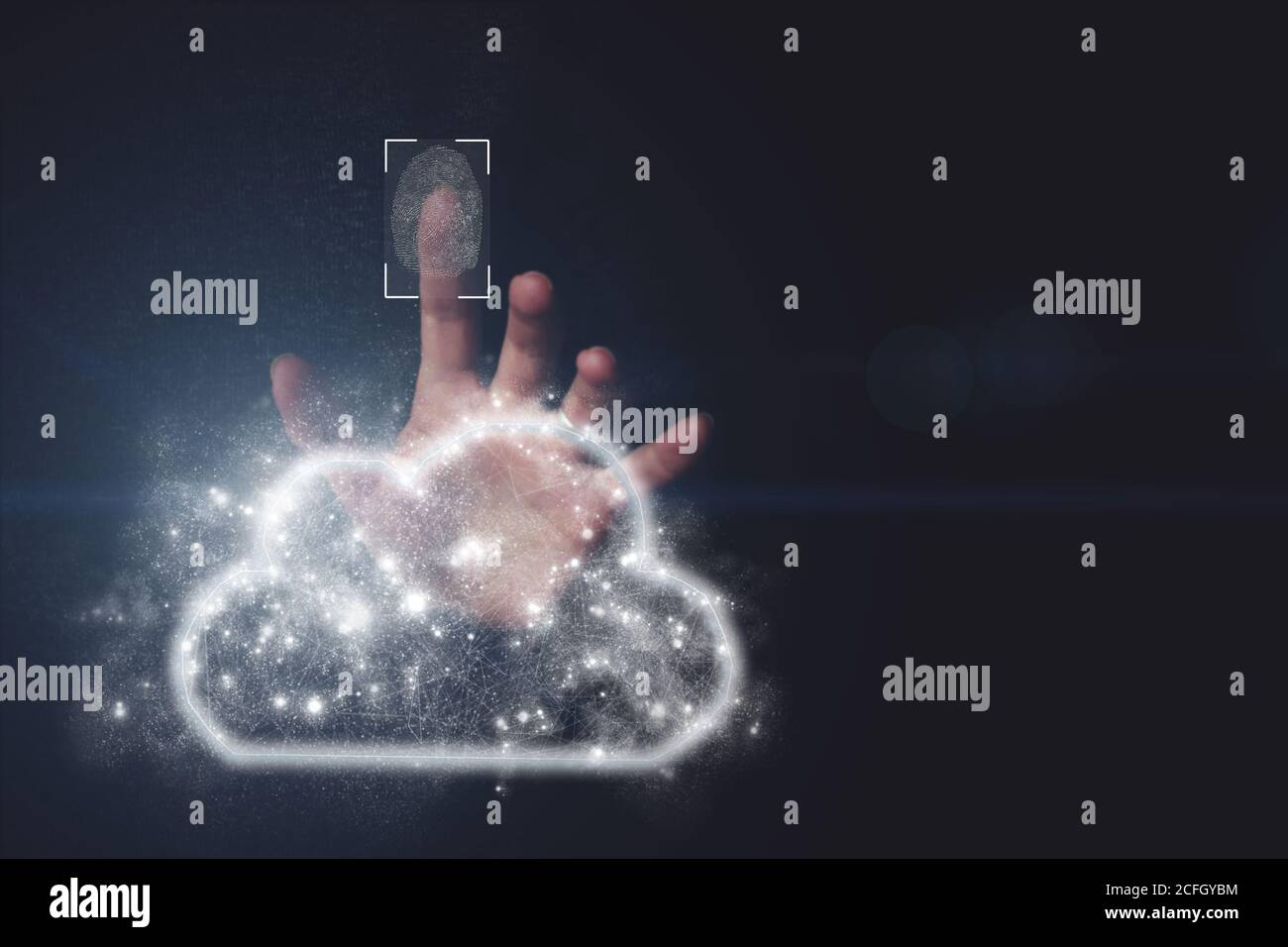 Data cloud on the hand, dark background. Hand click on fingerprint computing icon. Protect Cloud Computing Data. fingerprint scanning technology. Fing Stock Photo