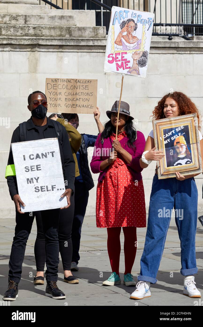 London, UK. - 5 Sept 2020: Protestors stand outside the National Gallery during a Black Art Matters protest about underrepresentation of Black artists in national  institutions. Stock Photo