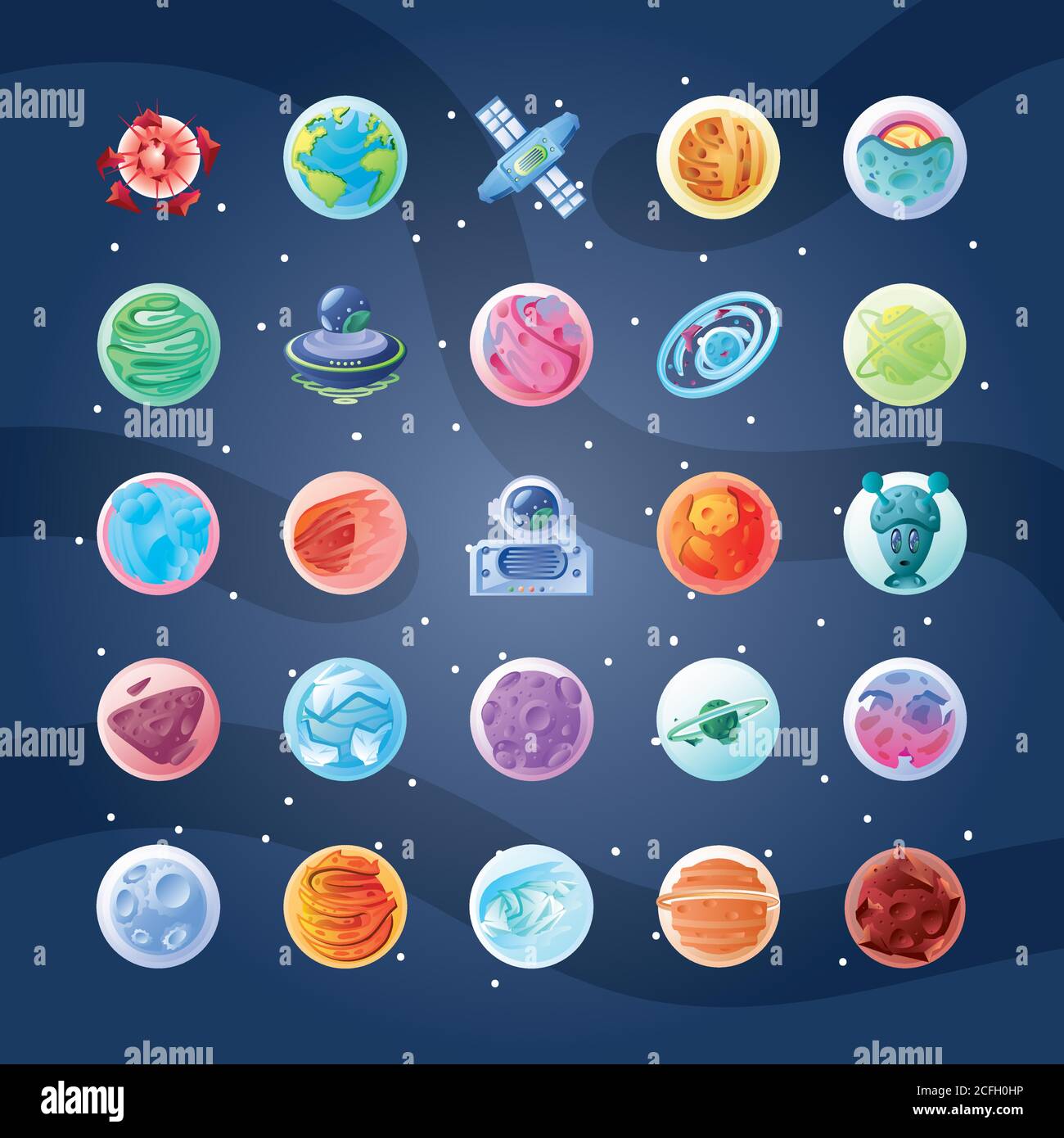 set of icons with planets or asteroids vector illustration design Stock ...