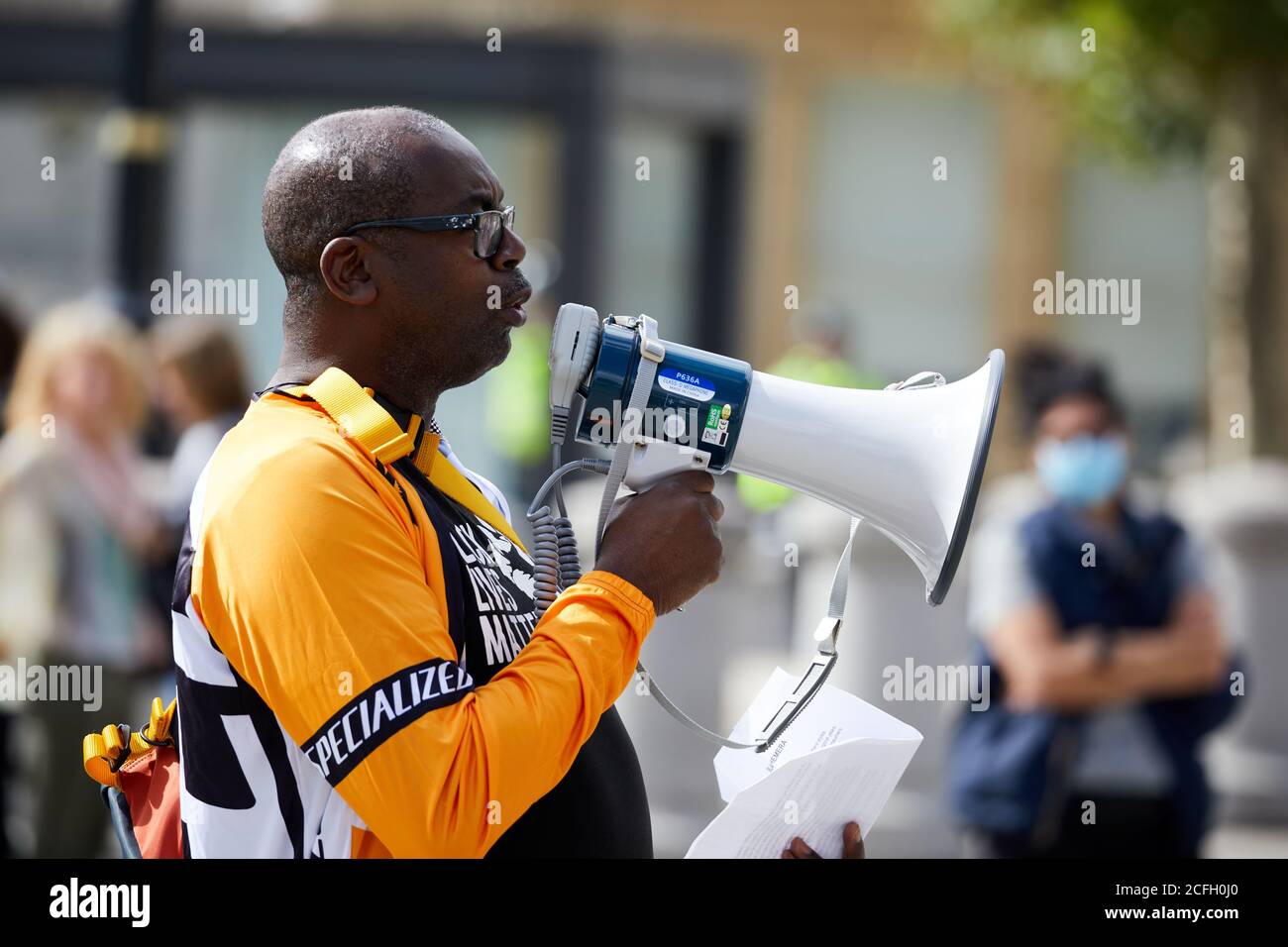 London, UK. - 5 Sept 2020: Social commentator and political activist Patrick Vernon speaking at a Black Art Matters protest about underrepresentation of Black artists in national  institutions. Stock Photo