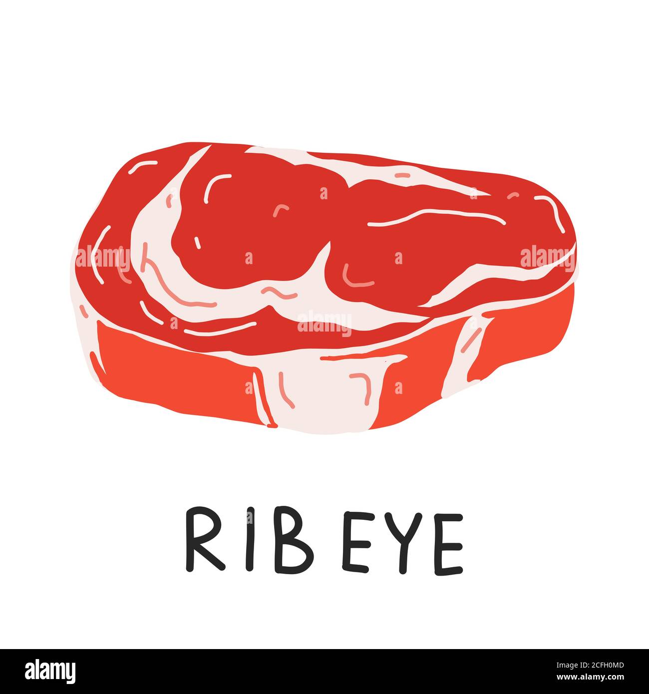 Rib eye steak, raw ribeye meat, uncooked beef cut piece, realistic vector illustration on white backgroound, good as icon for restaurant or butchery Stock Vector