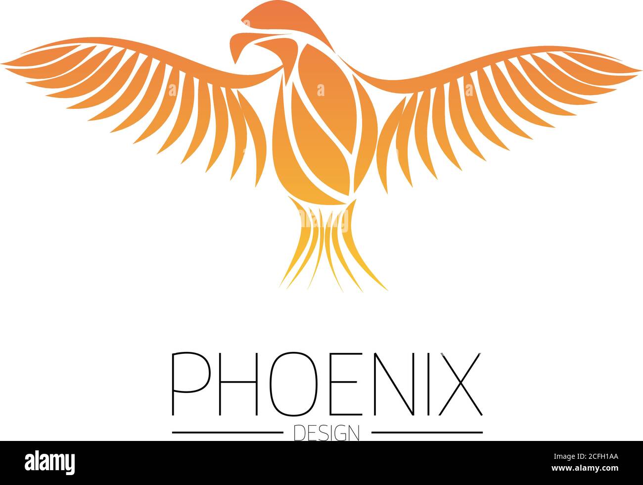 Flaming Phoenix Bird with wide spread wings in the orange fire colors on white background. Symbol of reborn and regeneration. EPS10 vector illustration. Stock Vector