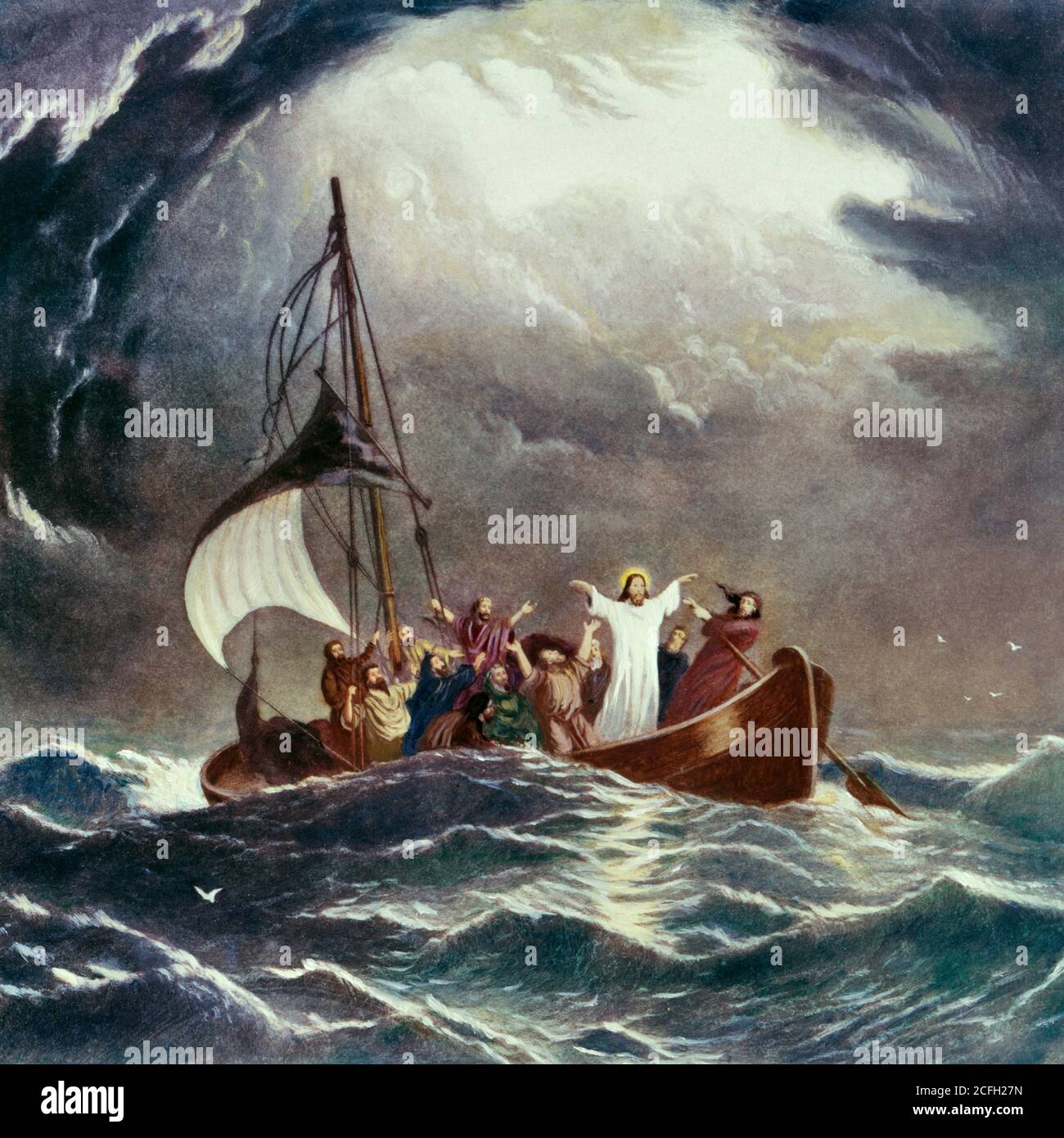 1860s RELIGIOUS IMAGE DEPICTING THE MIRACLE OF JESUS CHRIST CALMING STORM ON THE SEA OF GALILEE PAINTING BY JAMES HAMILTON 1867 - kr9414 SPL001 HARS MIRACLE SON OF GOD DISCIPLES FAITHFUL MIRACLES FAITH GALILEE MESSIAH PRECISION SPIRITUAL STILLING BELIEF BIBLICAL DEPICTING INSPIRATIONAL JESUS CHRIST OLD FASHIONED Stock Photo