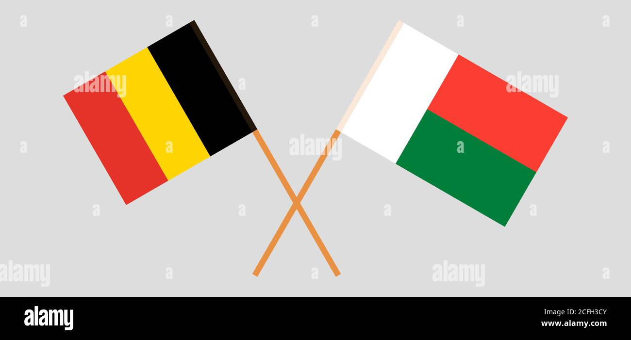 Crossed flags of Madagascar and Belgium. Official colors. Correct proportion. Vector illustration Stock Vector
