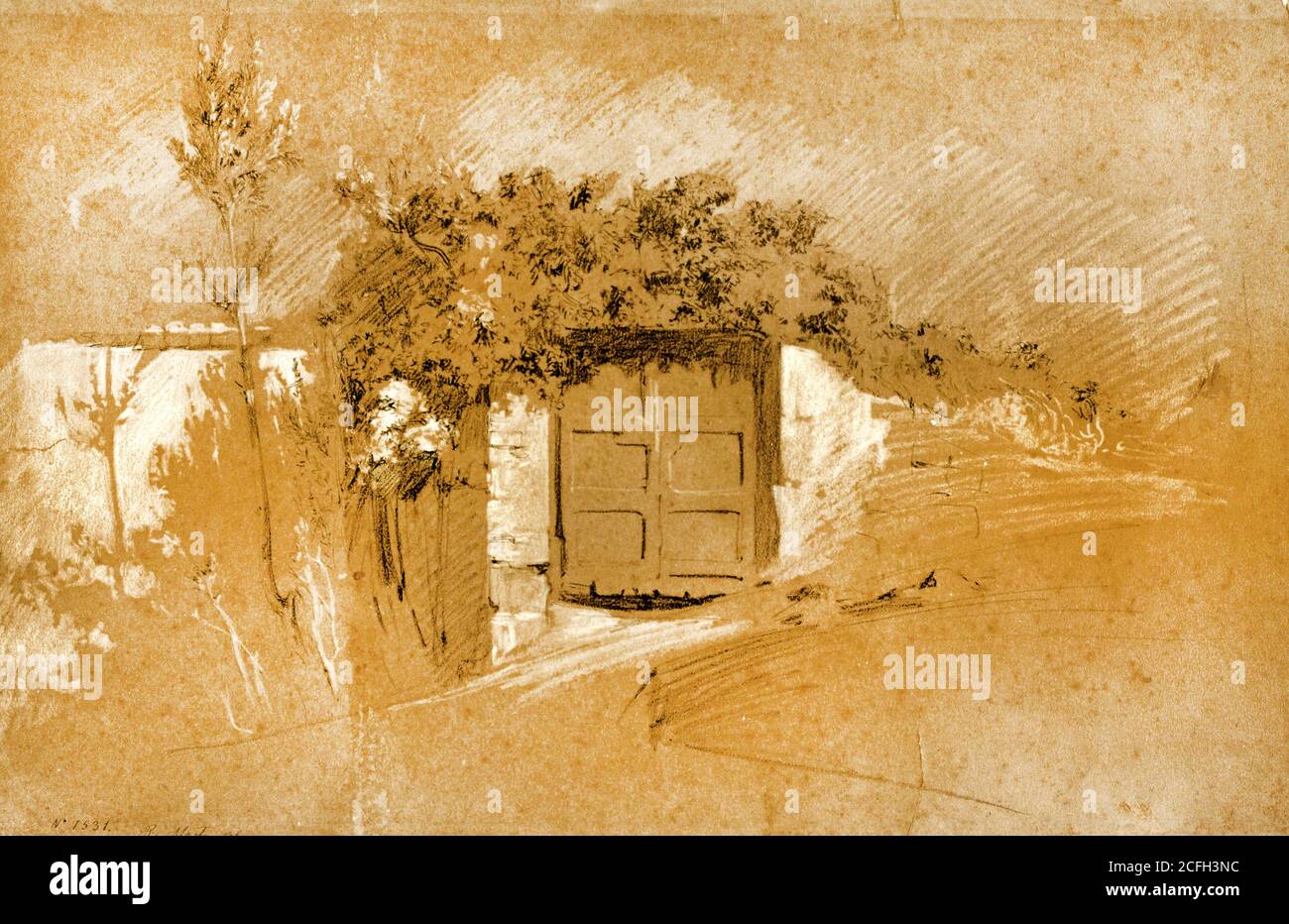 Ramon Marti i Alsina, Door and Wall, Circa 1860-1870, drawing, Conte stick and white lead on colored paper, Museu Nacional d'Art de Catalunya, Barcelo Stock Photo