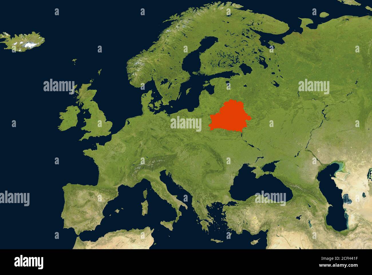 Belarus on physical map of Europe, detail of World geographic map from global satellite photo. European region on Earth flat image. Media news concept Stock Photo