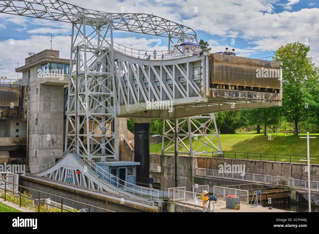The Kirkfield Lift lock, one of a series of locks on the Trent-Severn Waterway is the second highest hydraulic boat lift in the world at 15 metres or Stock Photo