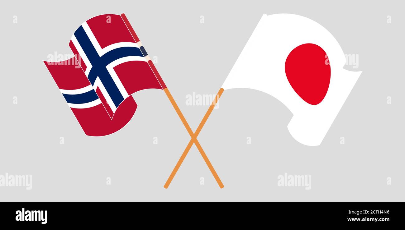 Crossed and waving flags of Norway and Japan. Vector illustration Stock Vector