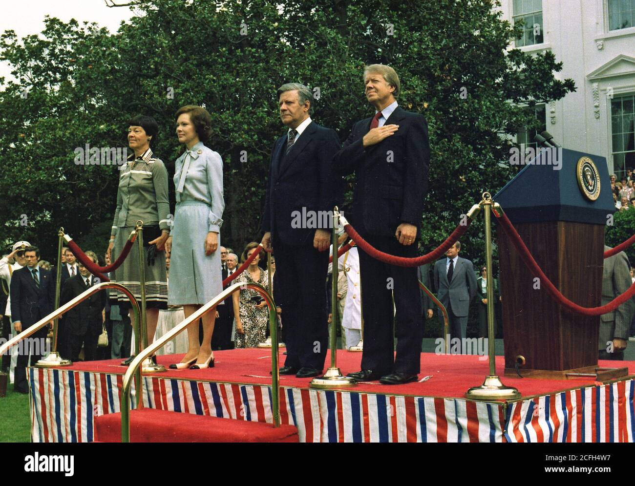 Jimmy Carter and Rosalynn Carter host arrival ceremony for German Chancellor Helmut Schmidt and