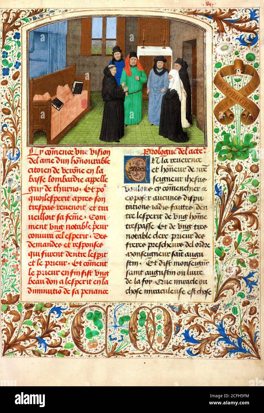 Simon Marmion, A Monk and Guy's Widow Conversing with the Soul of Guy de Thurno 1475 Tempera, gold, ink on parchment, The J. Paul Getty Museum, Los An Stock Photo