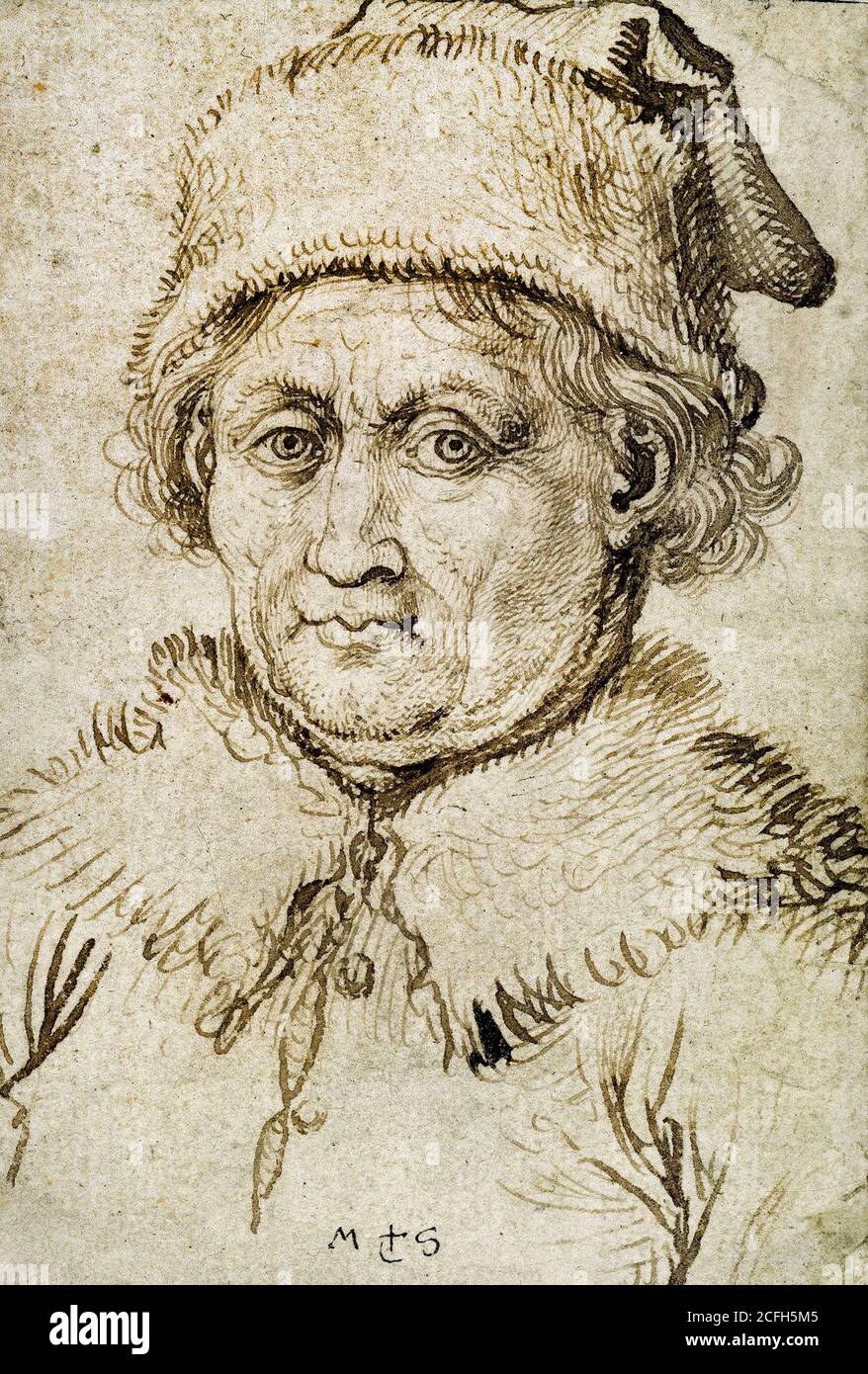 Martin Schongauer, Bust-length Image of an Old Man with Fur Collar and Hat, 1475, Pen and brown ink, Kupferstichkabinett Berlin, Germany Stock Photo