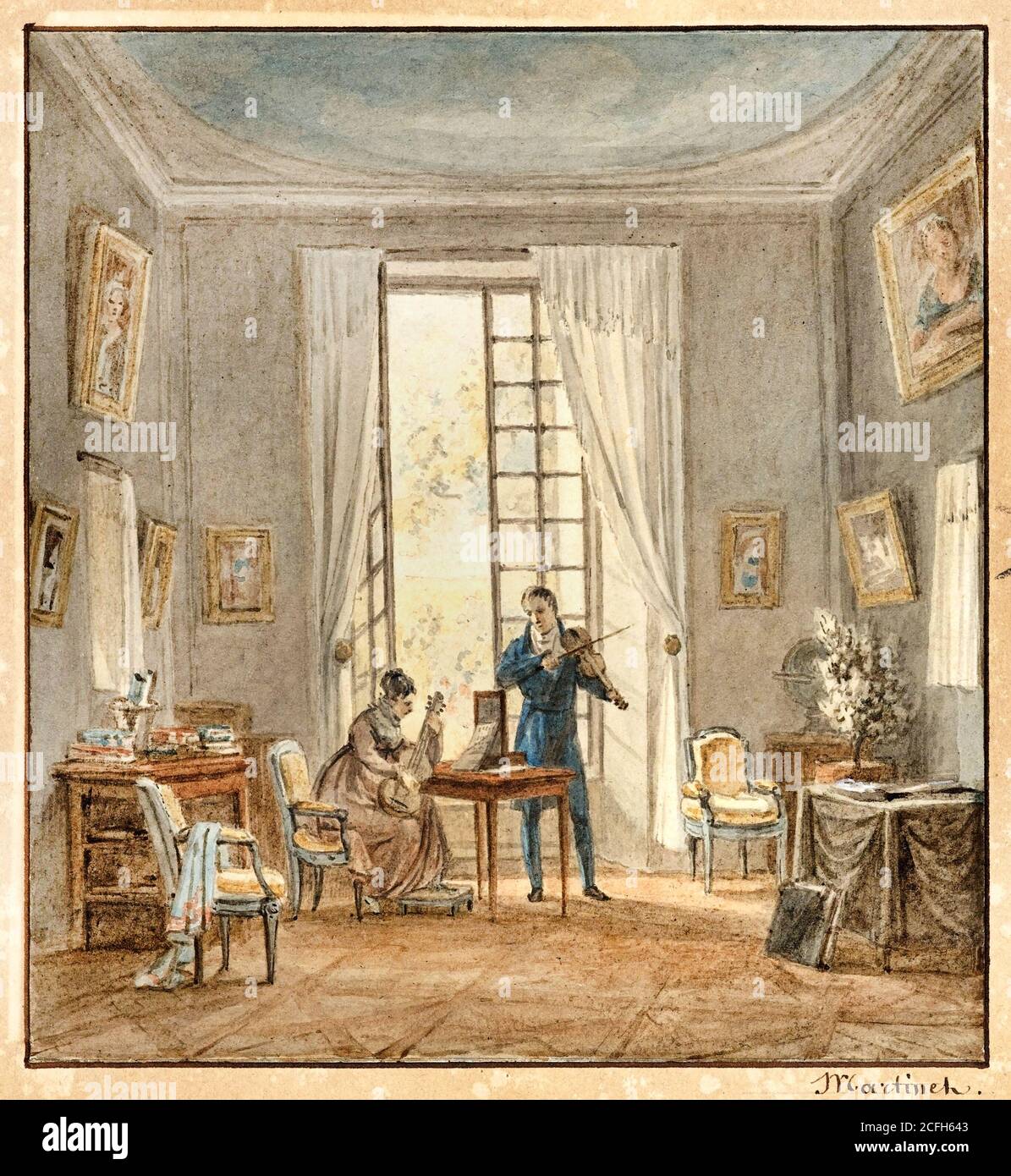 Achille-Louis Martinet, Salon Interior with Gabriel d'Arjuzon Playing the Violin and Pascalie Hosten, Comtess d'Arjuzon, Playing Guitar, Circa 1840, B Stock Photo