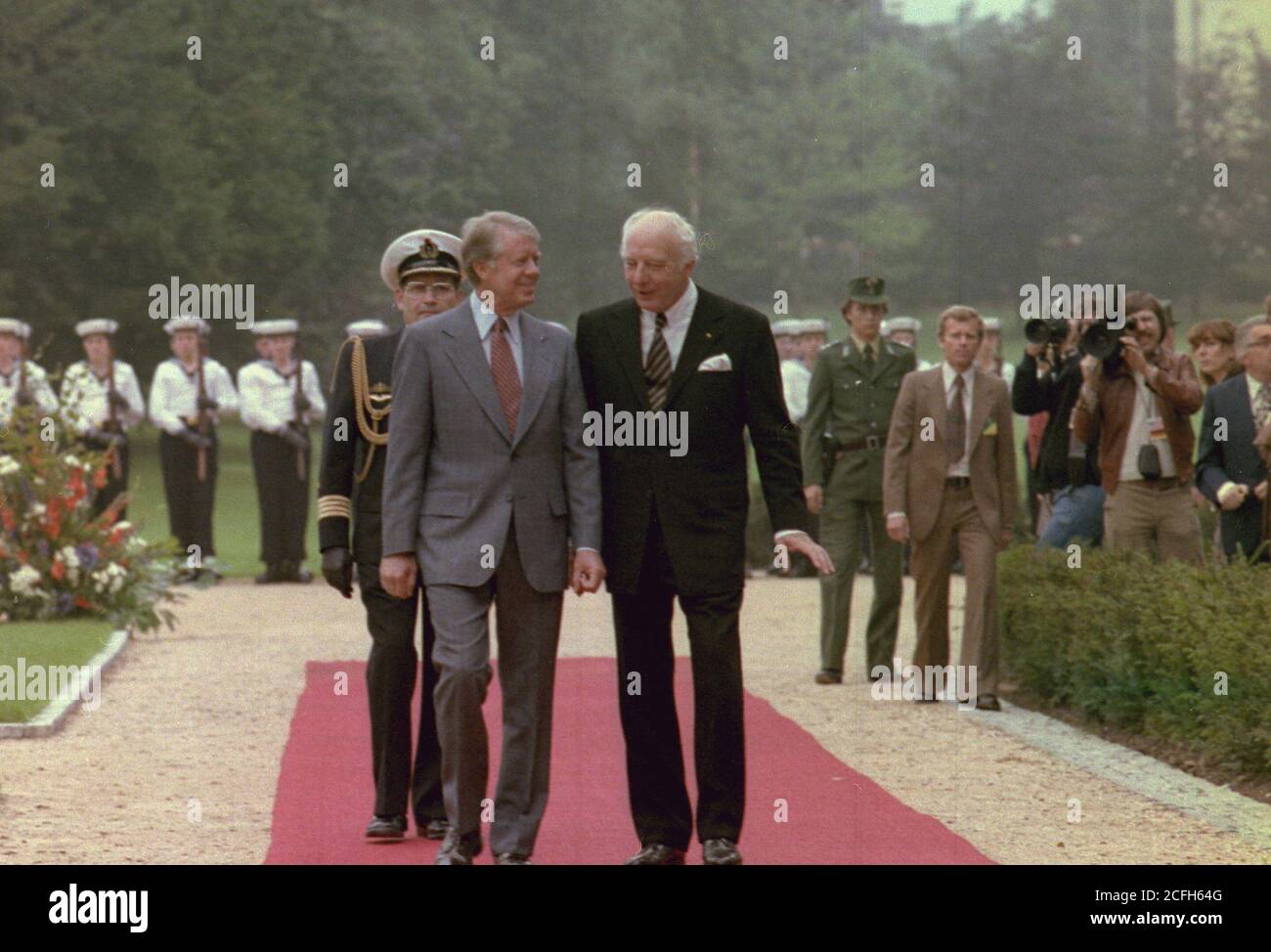 Jimmy Carter is welcomed to Germany by German President Walter Scheel during arrival ceremony. ca.  07/14/1978 Stock Photo