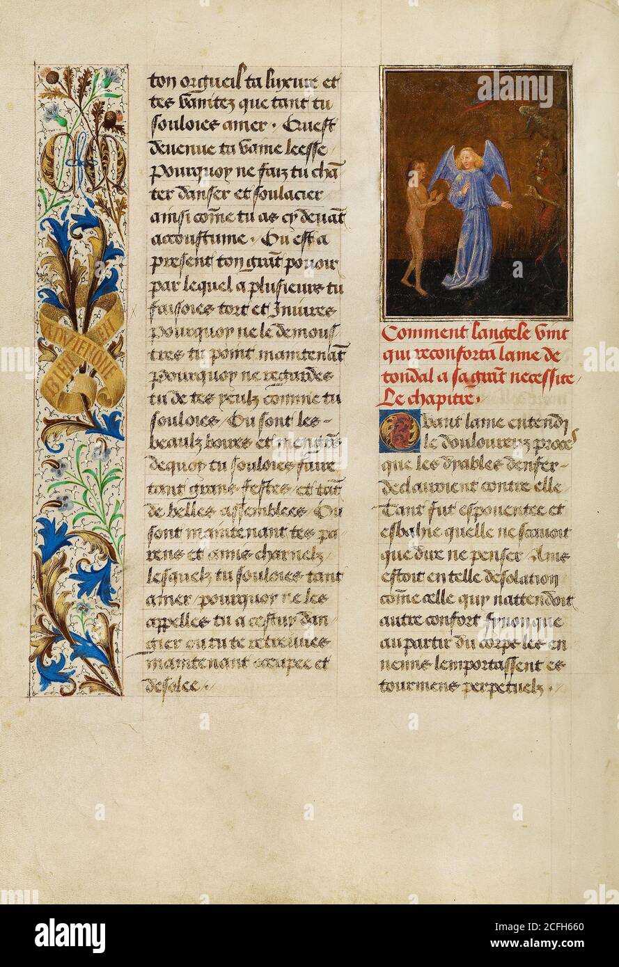 Simon Marmion, Tondal's Soul Enters Hell, Accompanied by his Guardian Angel 1475 Tempera, gold, ink on parchment, The J. Paul Getty Museum, Los Angele Stock Photo