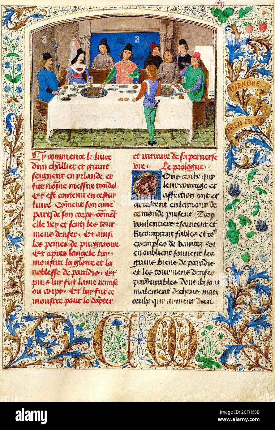 Simon Marmion, Tondal Suffers a Seizure at Dinner 1475 Tempera, gold, ink on parchment, The J. Paul Getty Museum, Los Angeles, USA. Stock Photo