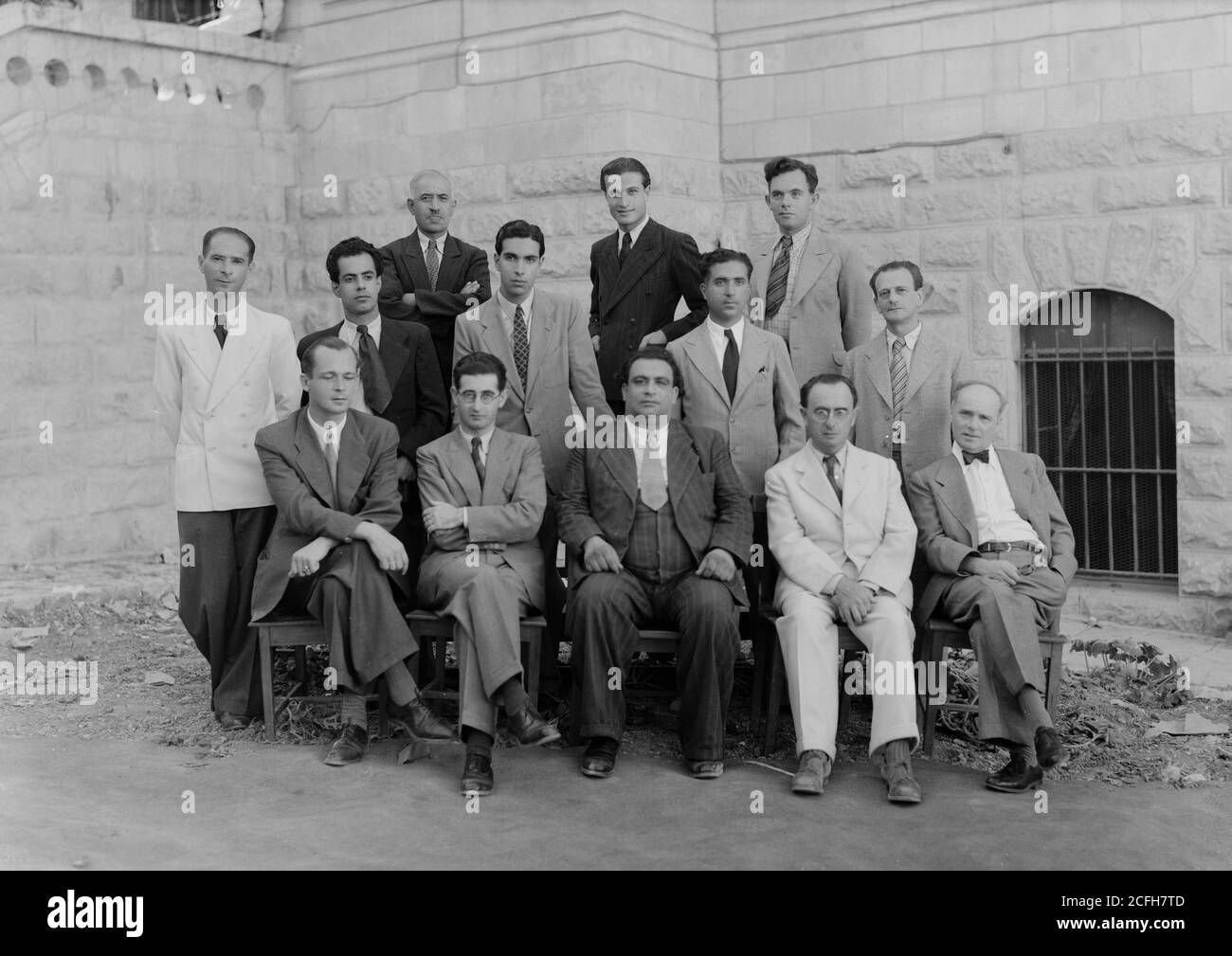 Original Caption:  P.B.S groups taken on Aug. 8 1942 (Arabs & Jews) smaller group  - Location: Jerusalem ca.  1942 Stock Photo