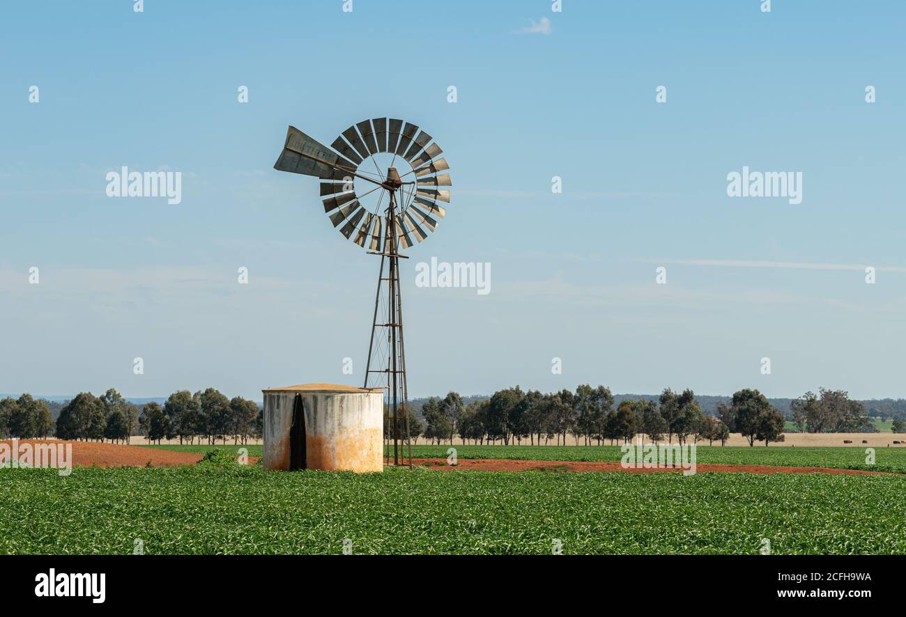 Bore water windmill pump with tank in rural Australia, energy saving equipment for watering and feeding livestock and crops. Stock Photo