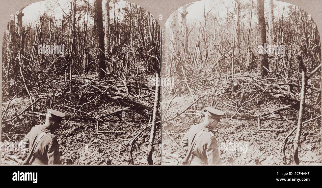 The Battle of Belleau Wood during World War One. Holes torn out by huge shells. Where our allied troops fought in Belleau Woods, France Two soldiers make their way though broken debris of wooded area. Stock Photo