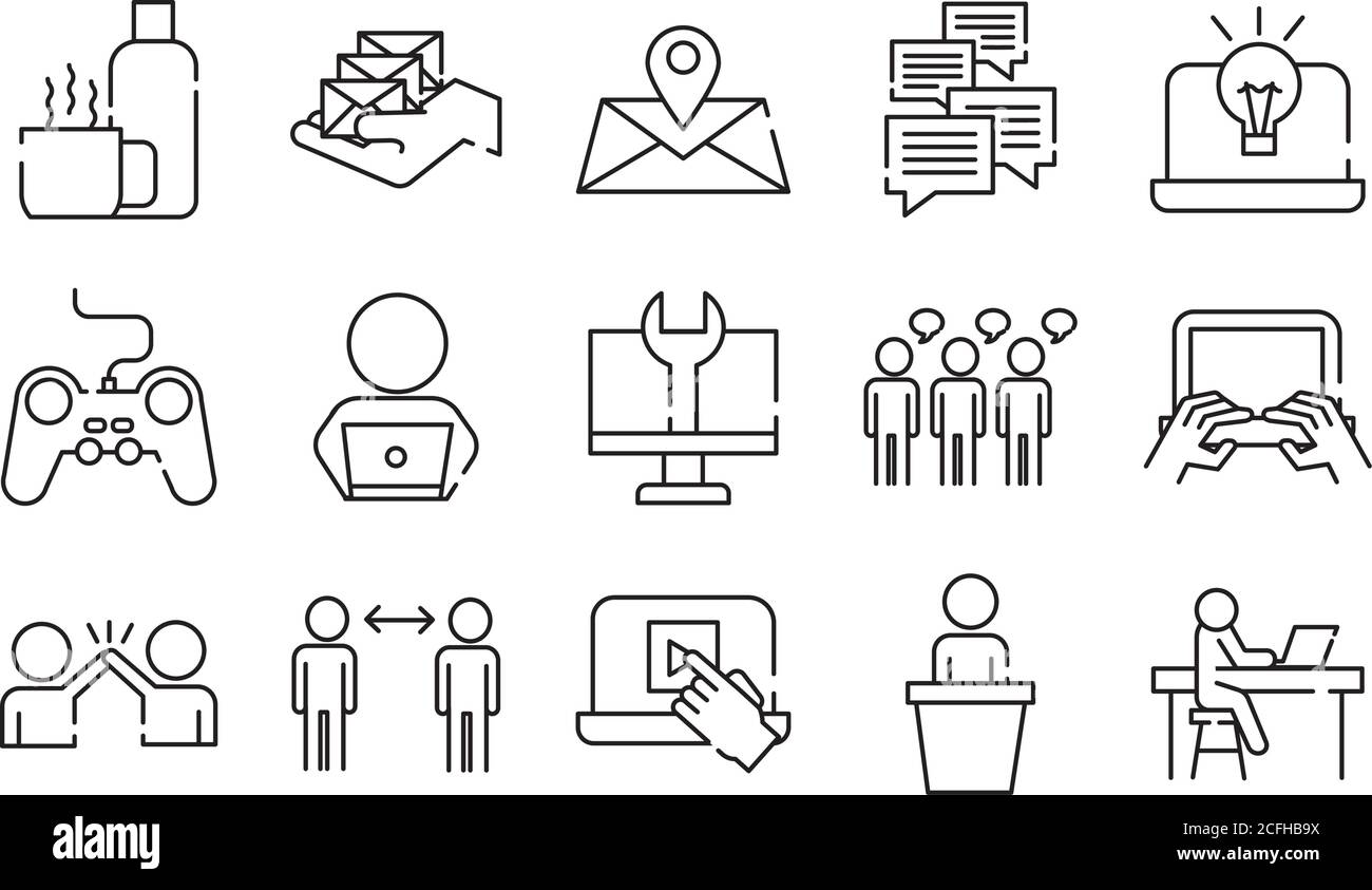 bundle of fifteen coworking set line style icons vector illustration ...