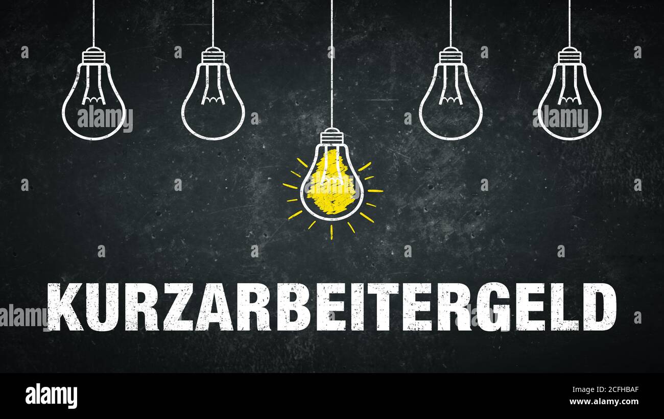 German term „Kurzarbeitergeld“ on a blackboard with light bulbs. Translation: short-time work allowance. Stock Photo