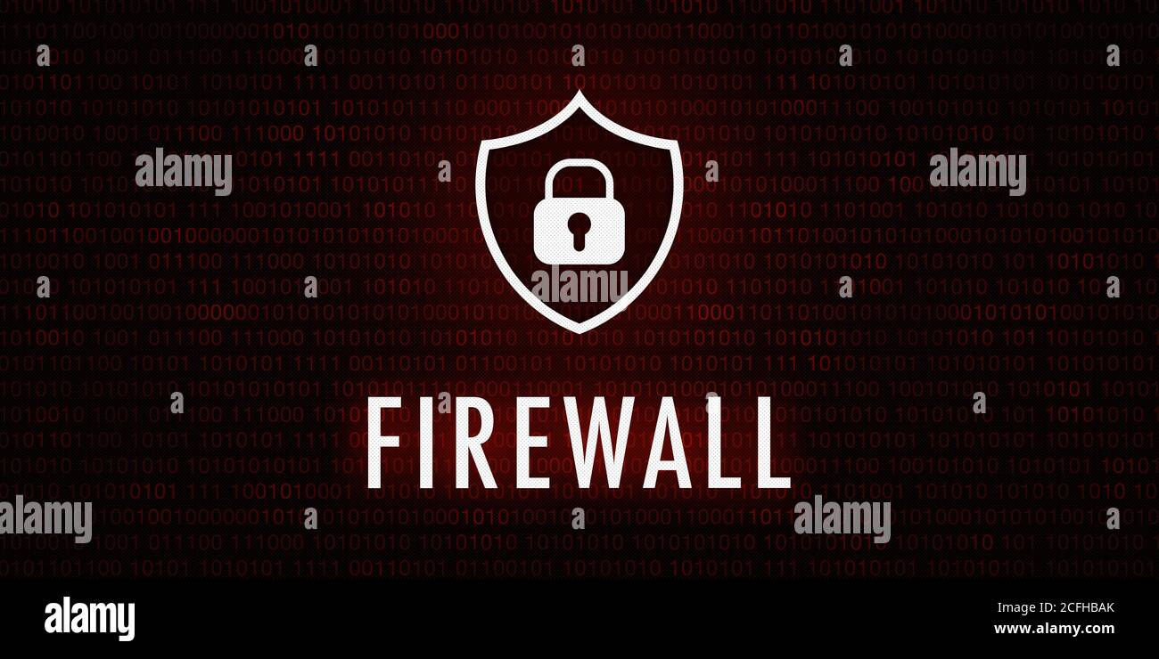 Banner Firewall - Shield icon on background with binary code. Stock Photo