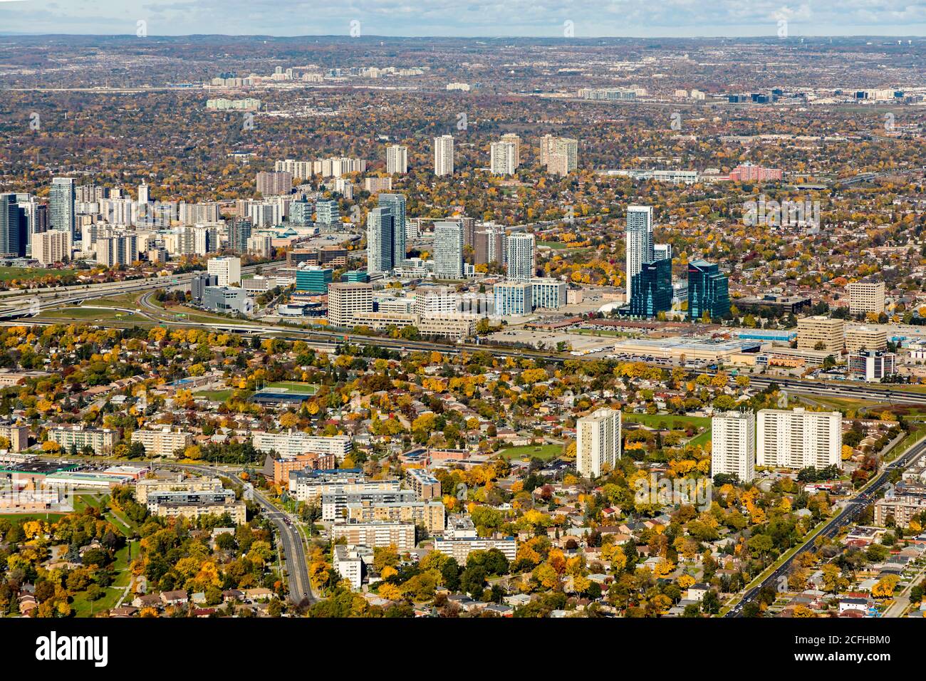 An aeial view at highways 401 and 404 showing Consumers Road commercial area in Toronto Canada. Stock Photo