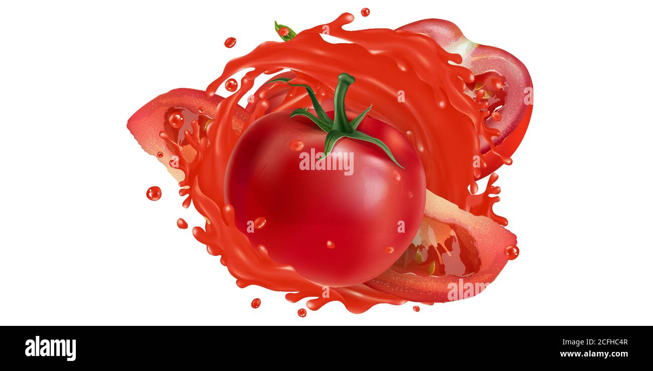 Whole and sliced tomatoes in a vegetable juice splash Stock Vector