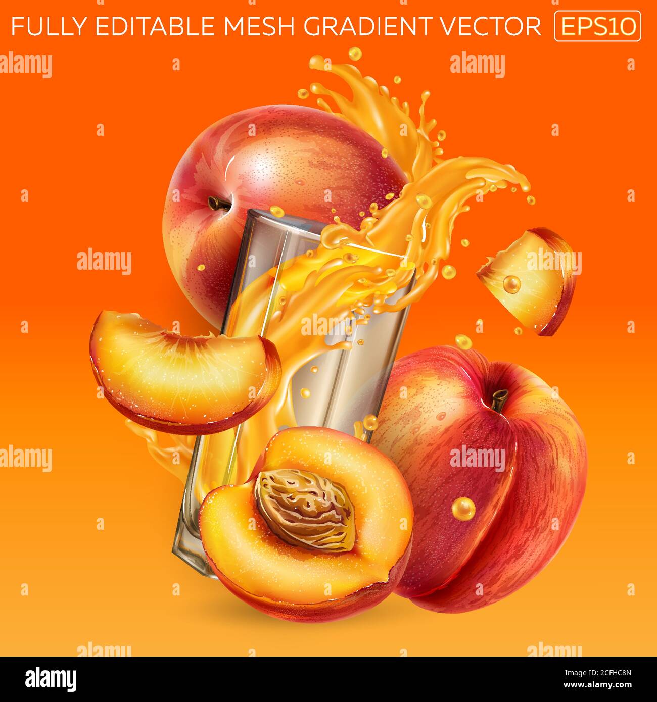 Fruit juice splashing in a glass, whole and sliced peaches Stock Vector ...