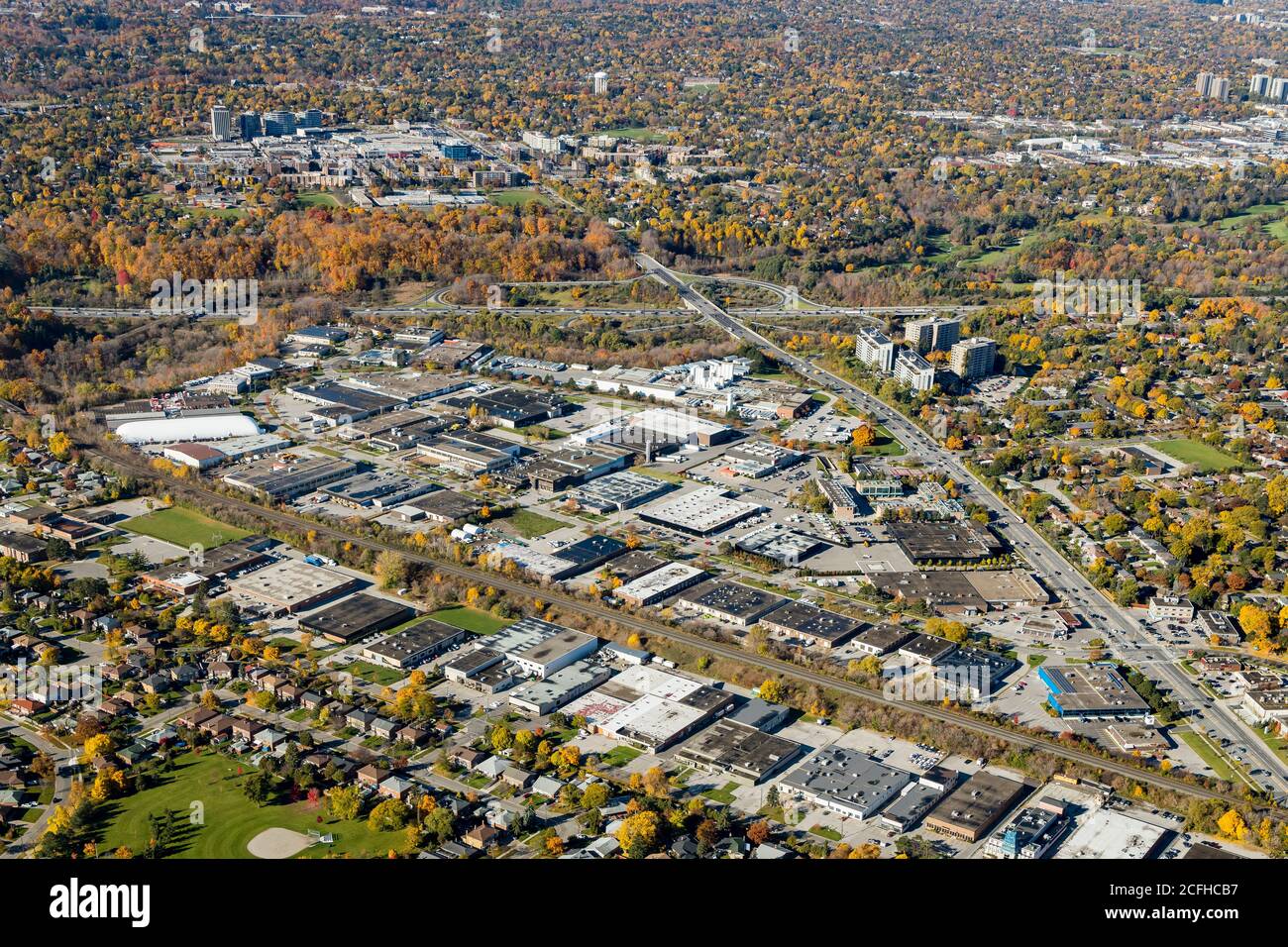 An aerial view of Railside industrial area near Lawrence and DVP, Toronto, Ontario Stock Photo