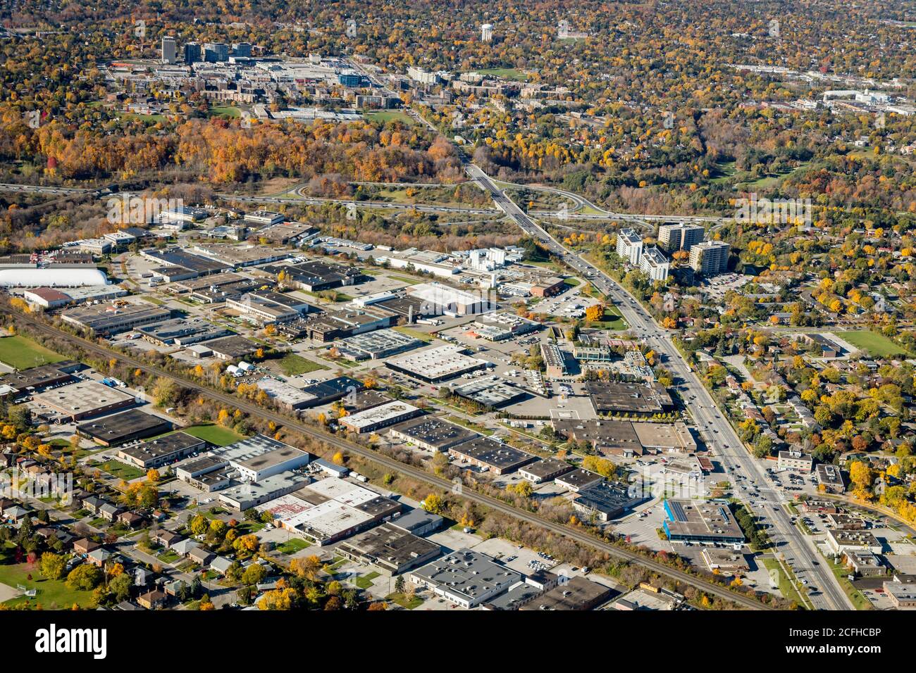 An aerial view of Railside industrial area near Lawrence and DVP, Toronto, Ontario Stock Photo
