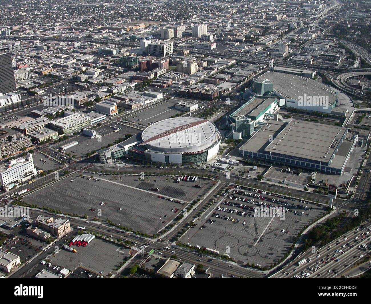 Los Angeles, California, USA - May 26, 2004:  Archival aerial view of Staples Center and the Los Angeles Convention Center in downtown Los Angeles. Stock Photo