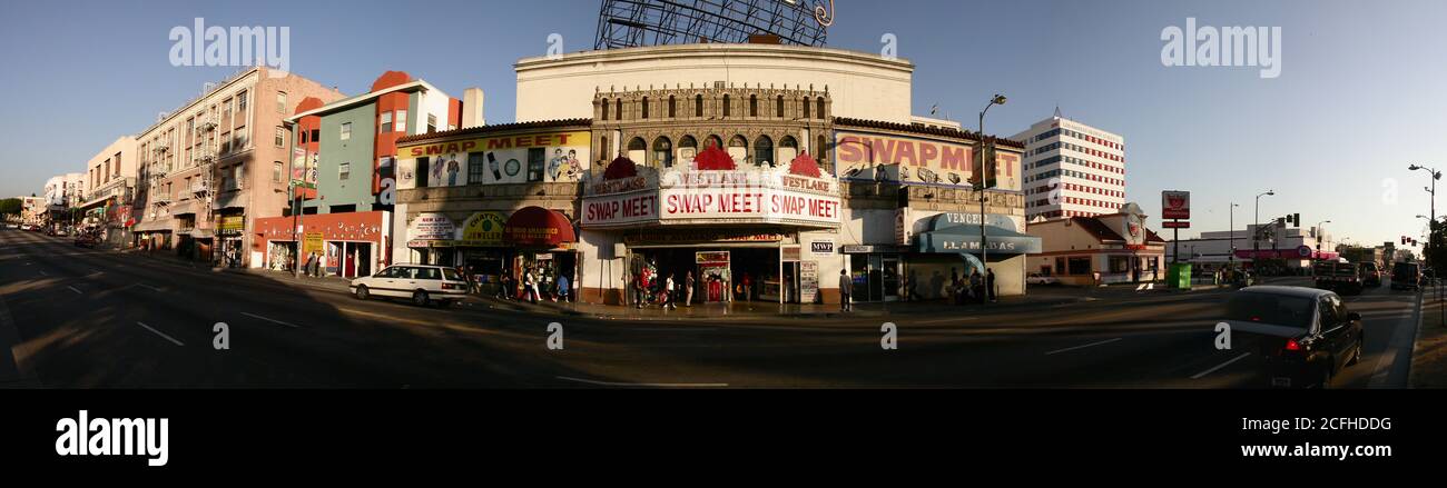 Los Angeles, California, USA - September 2002:  Panoramic archival view of the historic Westlake Theater building on Alvarado Street near McGarthur Park. Stock Photo