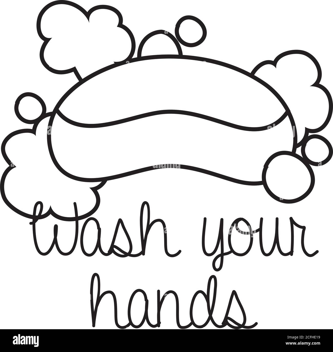 wash your hands campaign lettering with soap bar line style vector illustration design Stock Vector