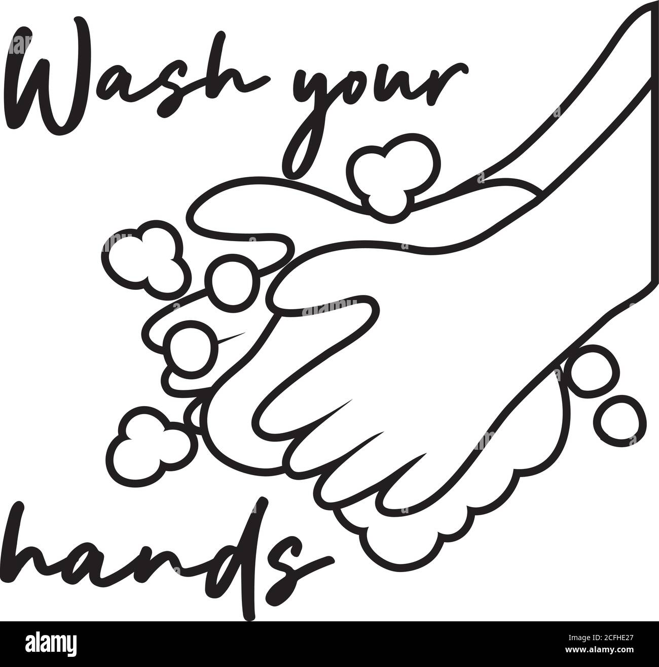 wash your hands campaign lettering with water and soap bar line style vector illustration design Stock Vector