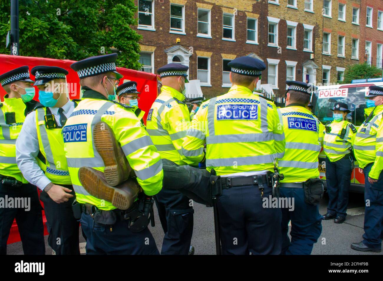 KENNINGTON, LONDON/ENGLAND - 5 September 2020: Extinction Rebellion protester being arrested during the “Lightship Greta” protest Stock Photo