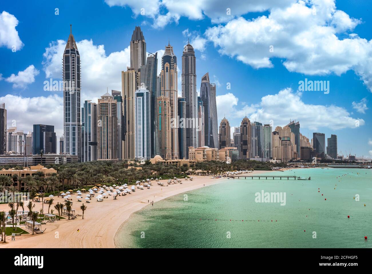 The marina skyline and beach in Dubai, UAE, Middle East. Stock Photo