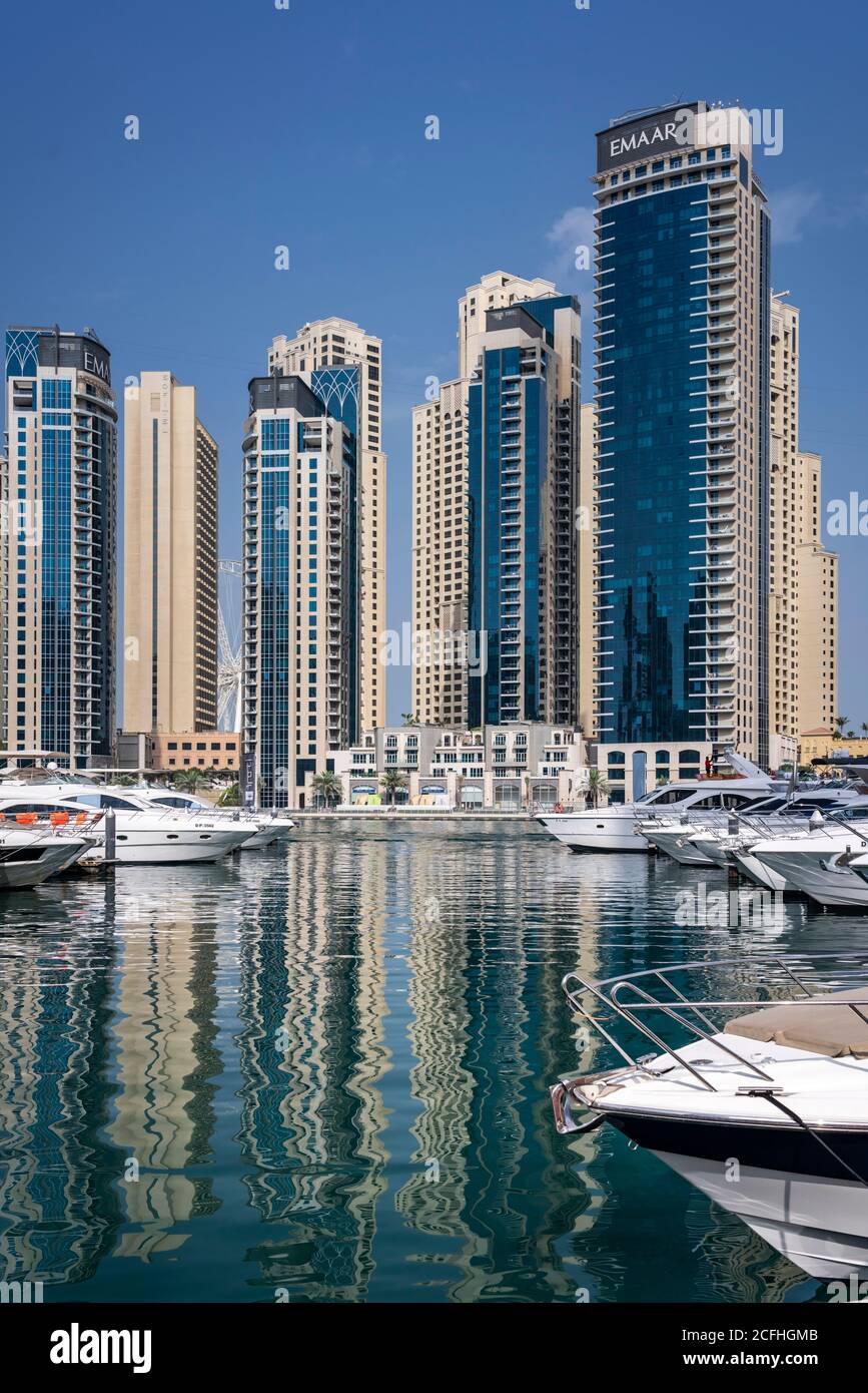 Boats docked in the marina of Dubai, UAE, Middle East. Stock Photo