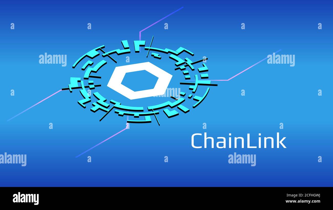 ChainLink LINK isometric token symbol of the DeFi project in digital circle on blue background. Cryptocurrency icon. Decentralized finance programs. Stock Vector