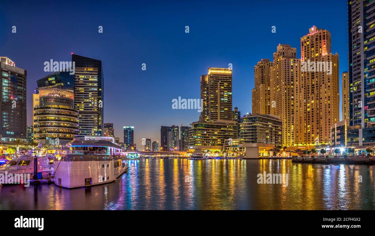 A night view of the marina in Dubai, UAE, Middle East. Stock Photo