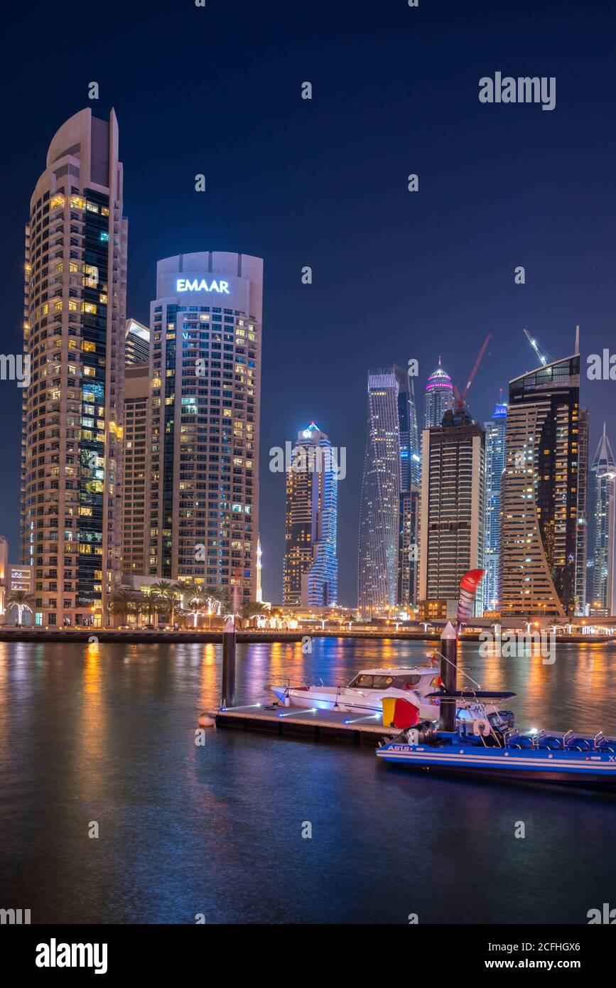 A night view of the marina in Dubai, UAE, Middle East. Stock Photo