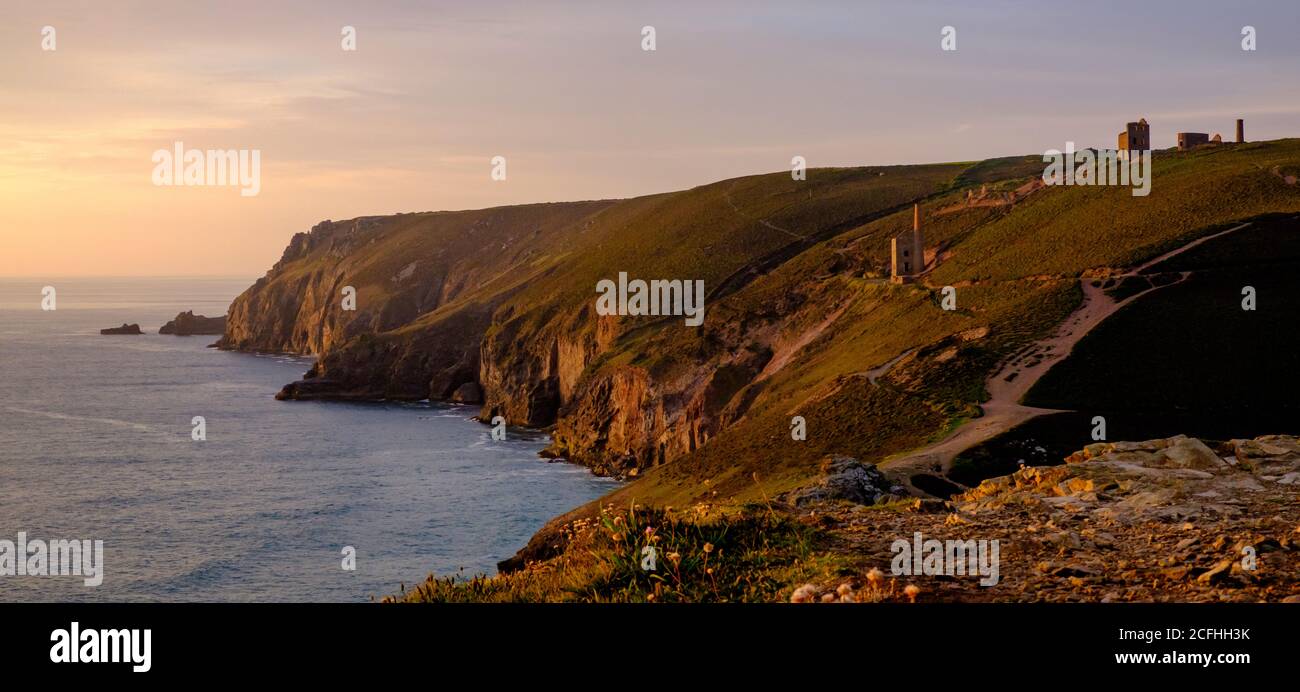 View north from the cliff above Chapel Porth towards the historic Wheal Coates pump engine house, Cornwall, England, United Kingdom Stock Photo