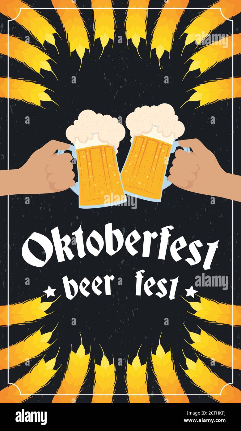 oktoberfest party lettering in poster with hands toasting beers and ...