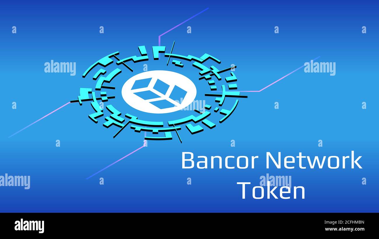 Bancor Network Token BNT isometric token symbol of the DeFi project in digital circle on blue background. Cryptocurrency icon. Decentralized finance Stock Photo