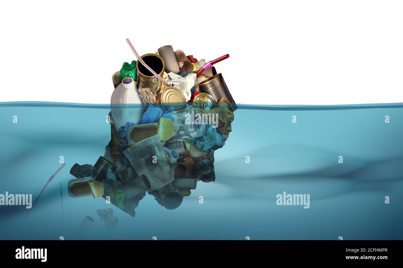 Ocean pollution and marine trash or human garbage in the sea polluting water and aquatic habitat causing environmental damage in a 3D illustration sty Stock Photo